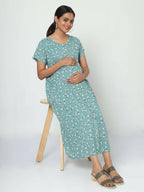 Manet Short Sleeves Maternity Dress Floral Print With Concealed Zipper Nursing Access - Green | Grocsy