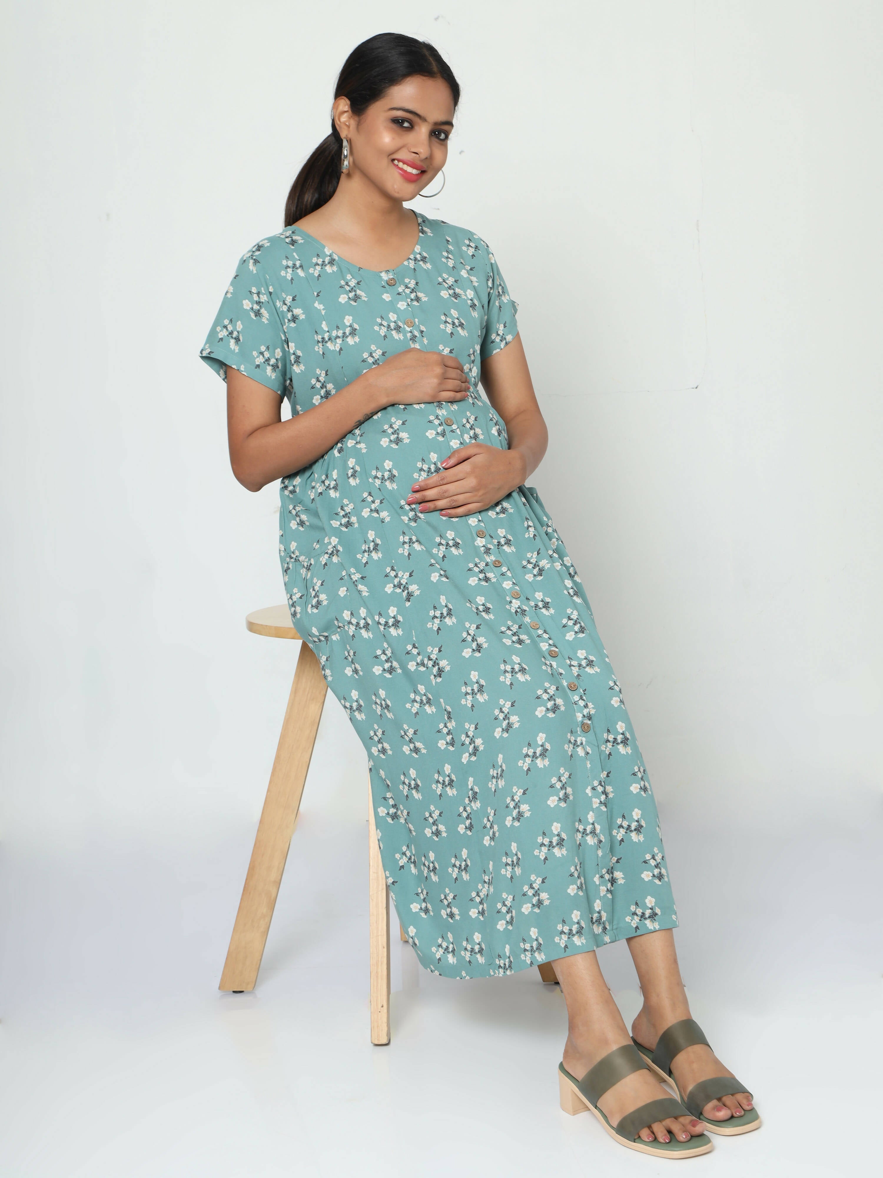Manet Short Sleeves Maternity Dress Floral Print With Concealed Zipper Nursing Access - Green | Grocsy