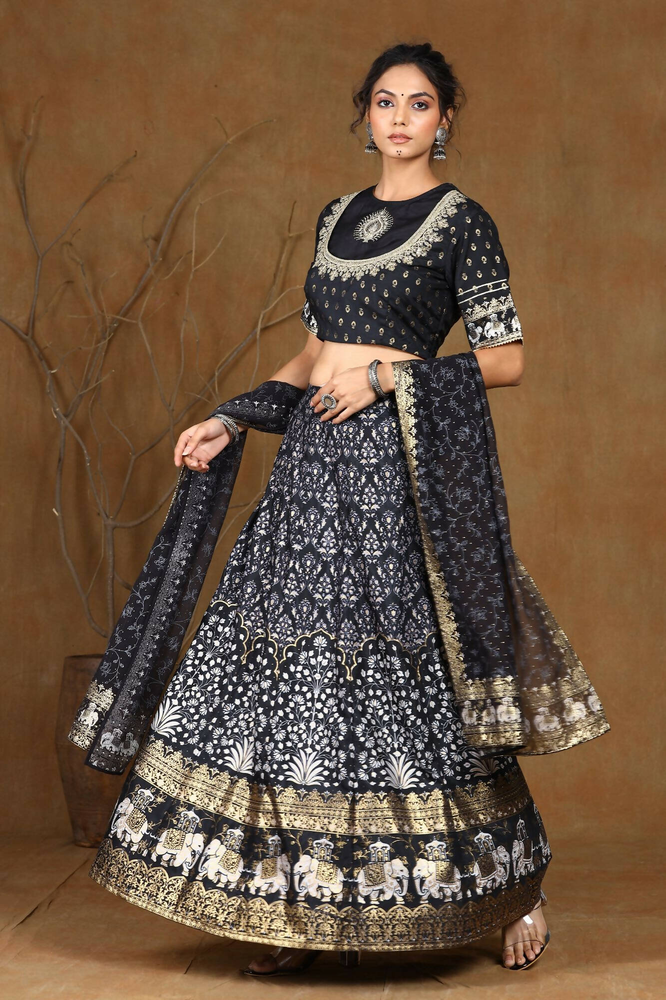 Juniper Women Black Shantoon Embroidered Flared Lehenga Choli Sets | Grocsy
