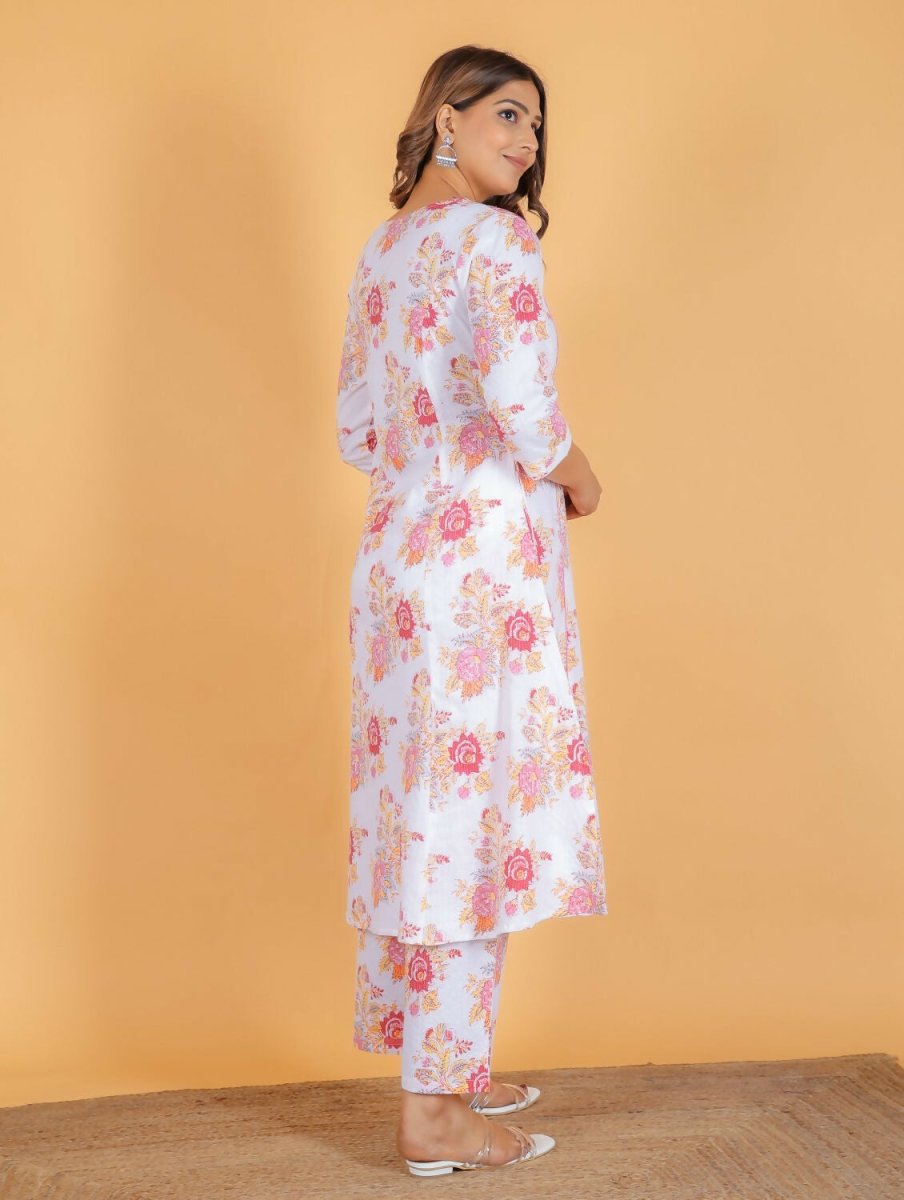 Aramya White Kantha Cotton Floral Print A-line Kurta Pant Set for Women | Grocsy