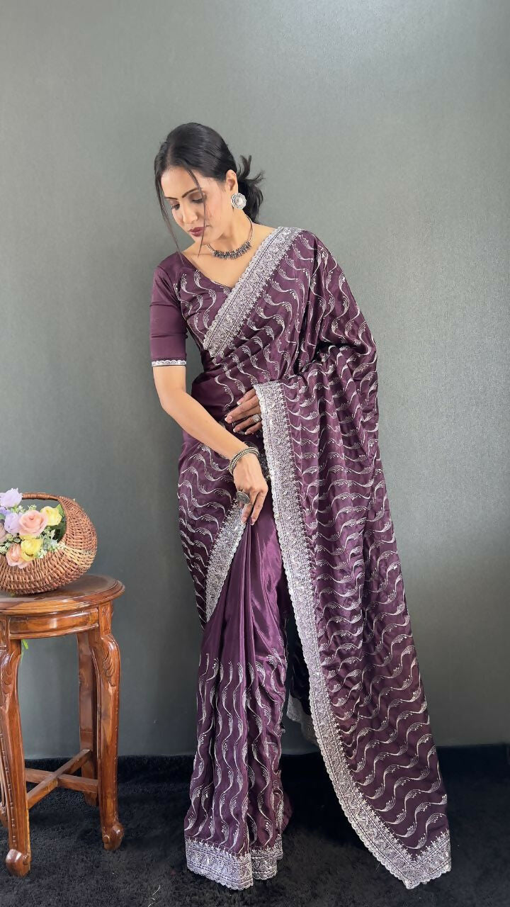 Vastranavya Purple Chinnon Silk Embroidery Multi Sequence & Arco Cut Work Ready to Wear Saree | Grocsy