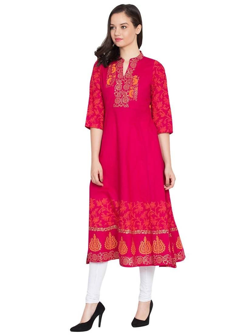 Cheera Hand Block Print Anarkali Kurta In Magenta Color | Grocsy