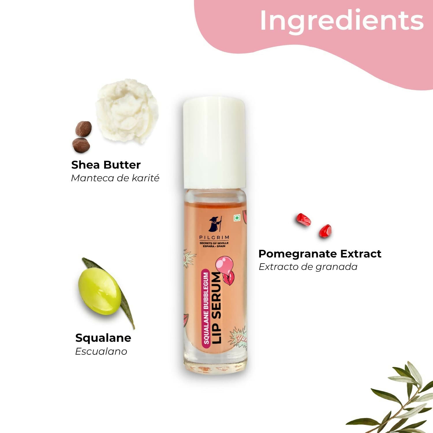 Pilgrim Spanish Lip Serum (Bubblegum) with Roll-on For Visibly Plump Lips, Hydrating Lip Serum For Dark Lips | Grocsy