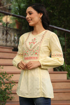 Juniper Women's Lemon Cotton Dobby Solid Embroidered Straight Tunic | Grocsy