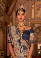 Dark Blue P V Silk Digital Print, Zari Work Printed Saree - Rewaa Parampara | Grocsy