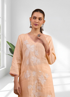 Joban Fashion Coral Linen Embroidered Readymade Long Kurta With Pant | Grocsy