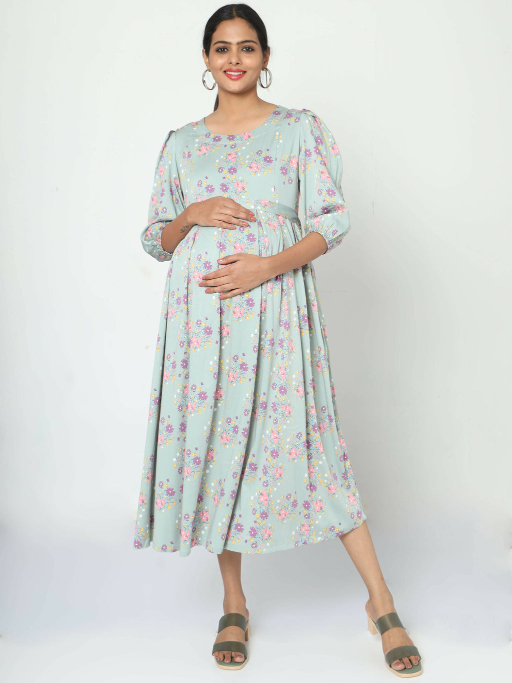 Manet Three Fourth Maternity Dress Pink Floral Print With Concealed Zipper Nursing Access - Green | Grocsy
