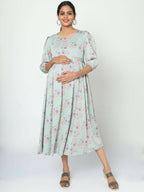 Manet Three Fourth Maternity Dress Pink Floral Print With Concealed Zipper Nursing Access - Green | Grocsy