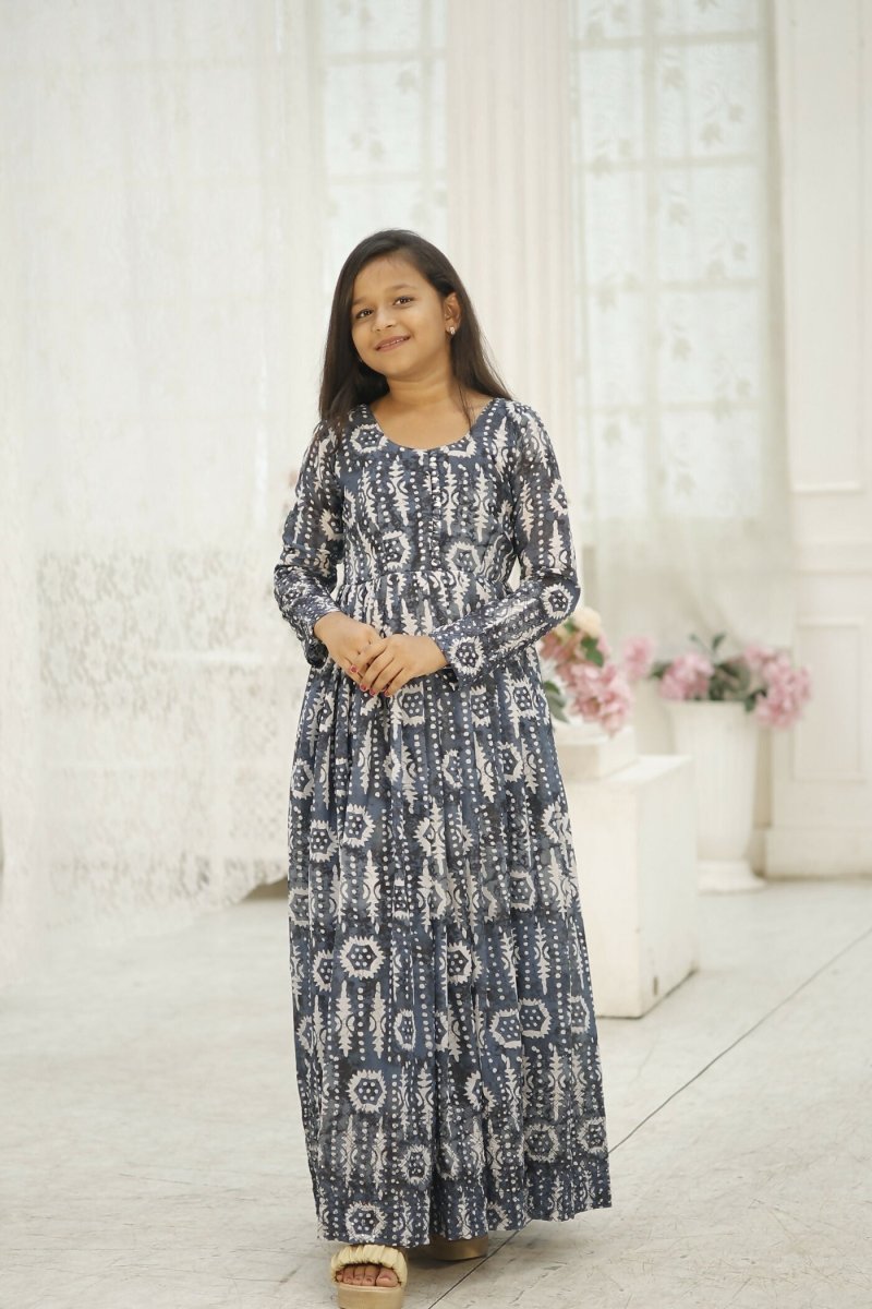 Aayaa Designer Printed Faux Georgette with Embroidery Zari Sequins-work Kids Gown | Grocsy