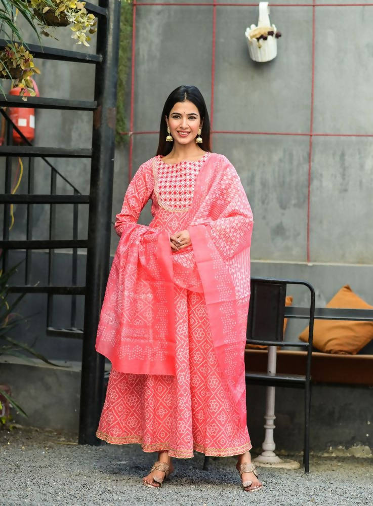 Yufta Women Pink Handblock Printed Kurta with Trouser & Dupatta | Grocsy