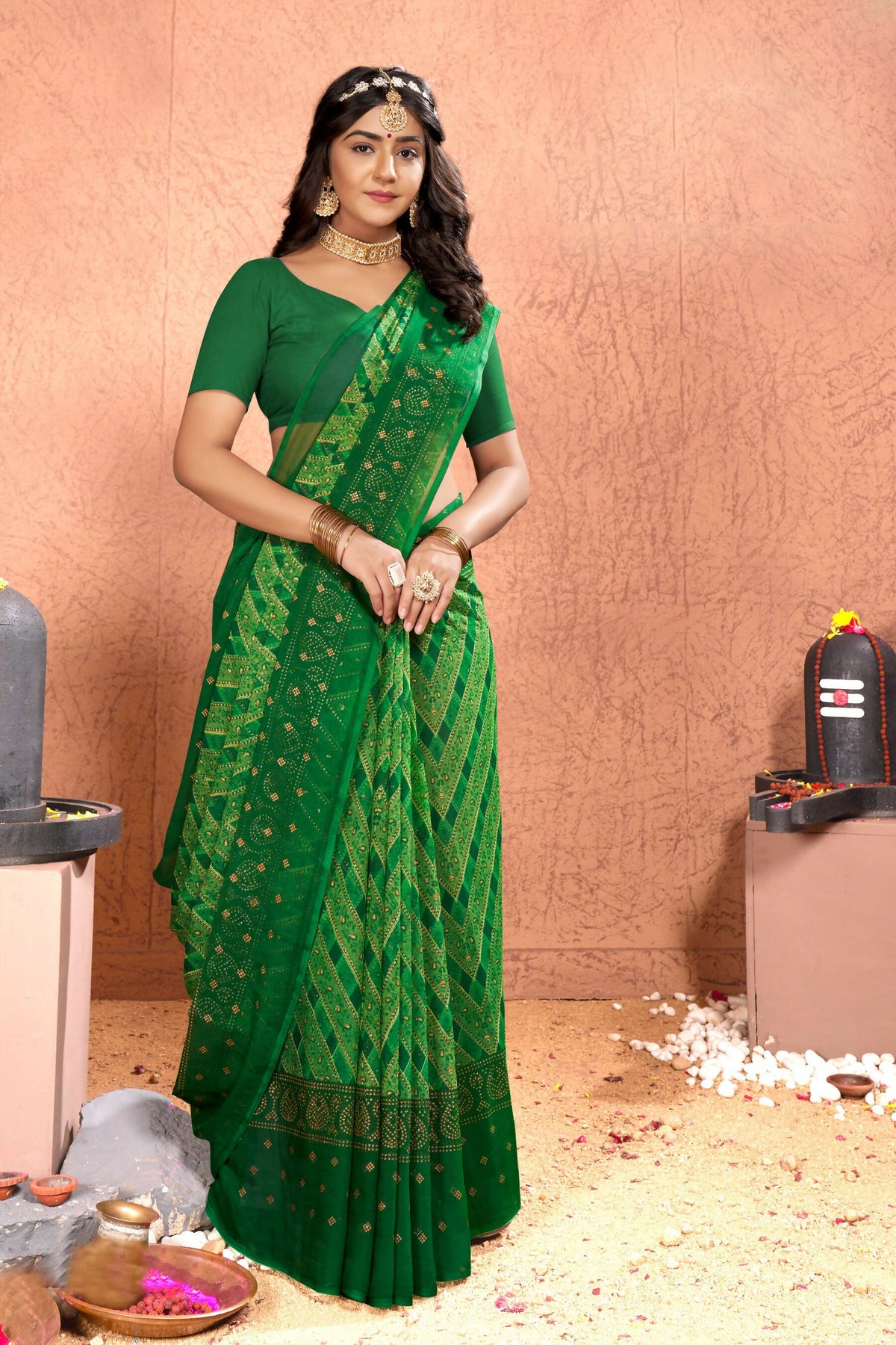 Green Chiffon Foil Printed Saree with Unstitched Blouse Piece - Rajal | Grocsy