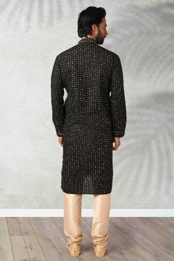 Raivat Ethnic Cotton Printed Work Kurta Pajama In Black Colour | Grocsy