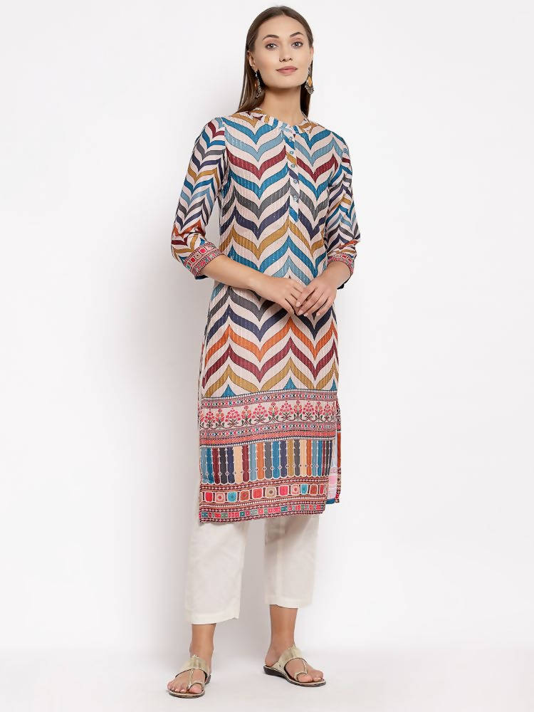 Myshka Women's Multi Silk Printed 3/4 Sleeve Round Neck Casual Kurta | Grocsy