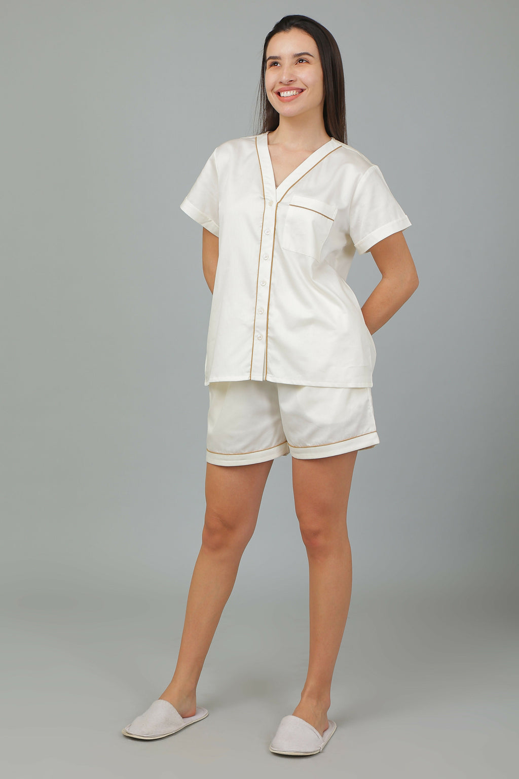 Breathables Women Cotton Night Suit Shirt And Shorts Co-Ord Set I Nightwear | Loungewear Set In Solid Colours | Grocsy