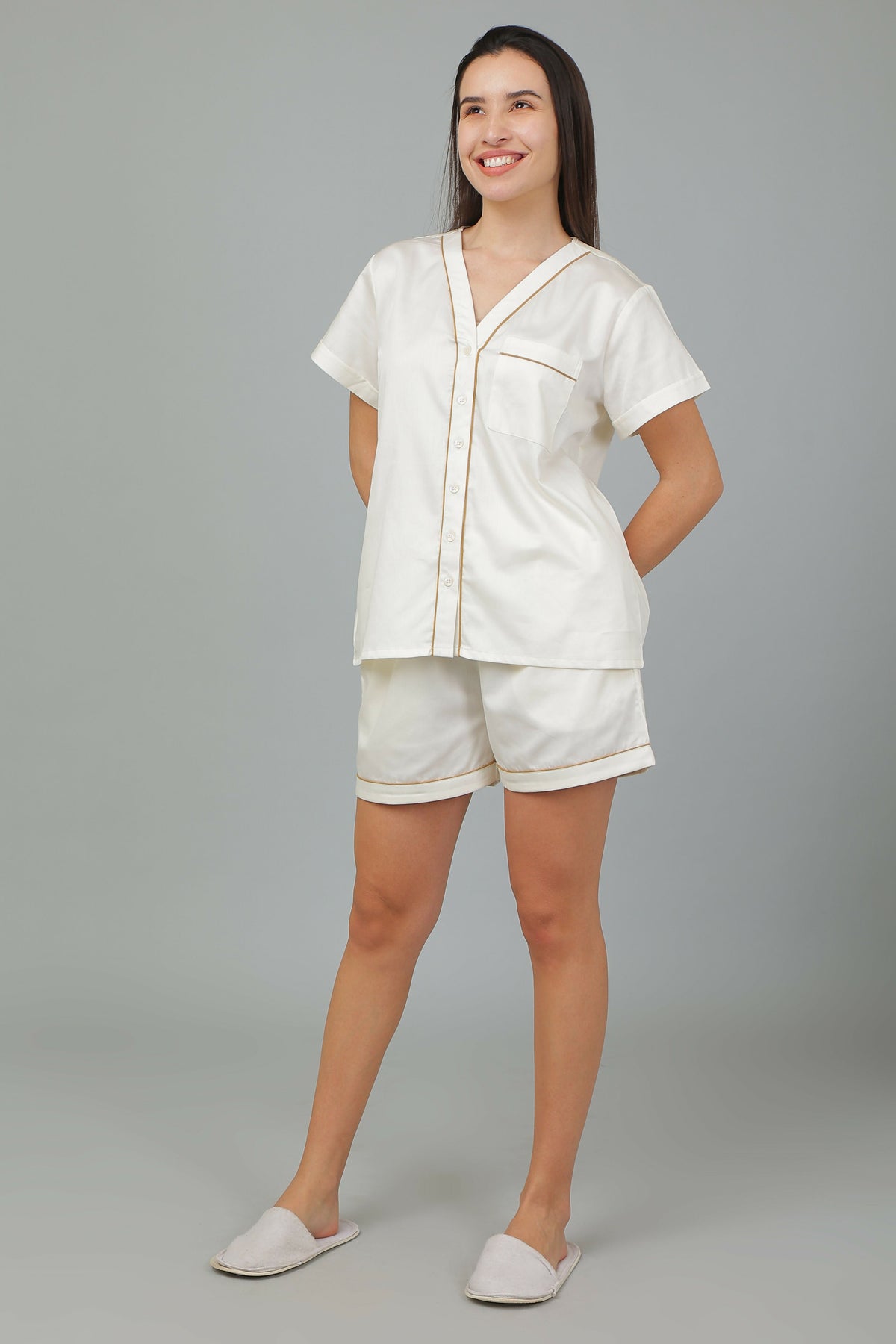 Breathables Women Cotton Night Suit Shirt And Shorts Co-Ord Set I Nightwear | Loungewear Set In Solid Colours | Grocsy