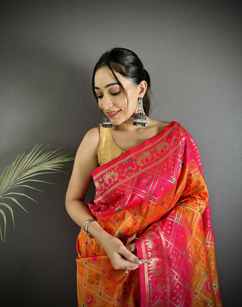 Joban Fashion Orange And Pink Geometric Pattern Soft Silk Patola Saree | Grocsy