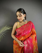 Joban Fashion Orange And Pink Geometric Pattern Soft Silk Patola Saree | Grocsy