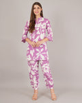 Jaitra Apparels White And Purple Printed Premium Pure Cotton Co-Ord Set For Women | Grocsy