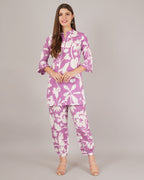 Jaitra Apparels White And Purple Printed Premium Pure Cotton Co-Ord Set For Women | Grocsy