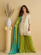 Evanik Women Off White Chinon Silk Zari Embroidered Sequins Sharara Suit | Grocsy