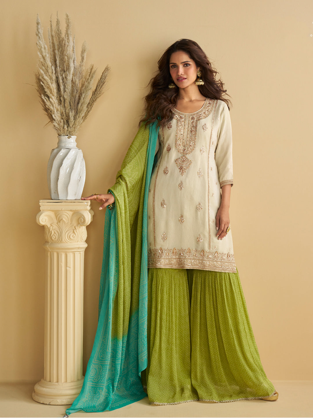 Evanik Women Off White Chinon Silk Zari Embroidered Sequins Sharara Suit | Grocsy