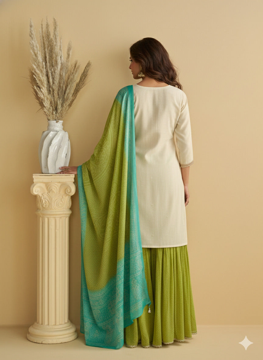 Evanik Women Off White Chinon Silk Zari Embroidered Sequins Sharara Suit | Grocsy