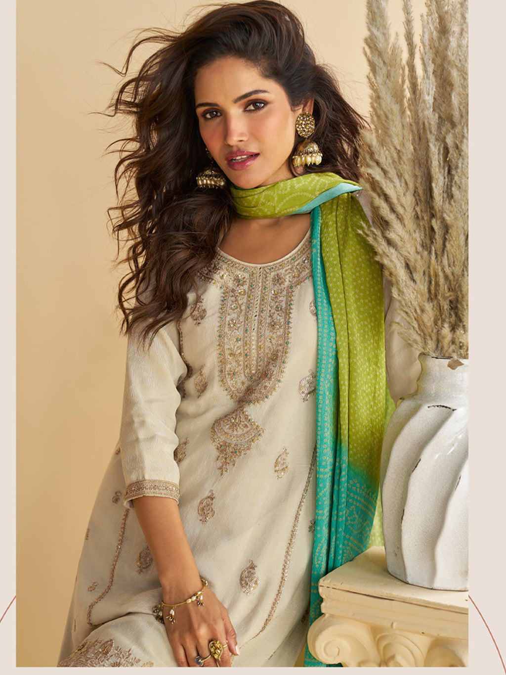 Evanik Women Off White Chinon Silk Zari Embroidered Sequins Sharara Suit | Grocsy