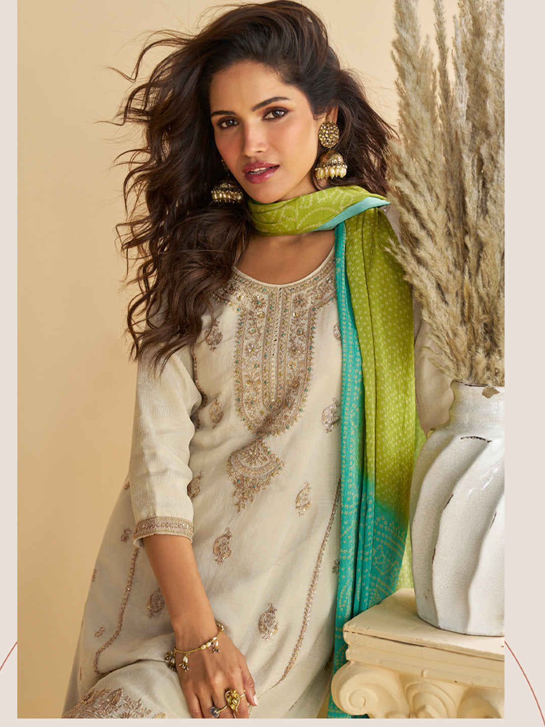 Evanik Women Off White Chinon Silk Zari Embroidered Sequins Sharara Suit | Grocsy