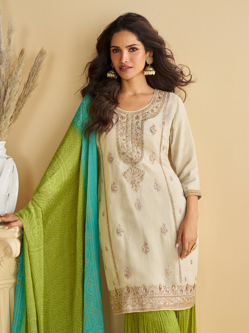Evanik Women Off White Chinon Silk Zari Embroidered Sequins Sharara Suit | Grocsy