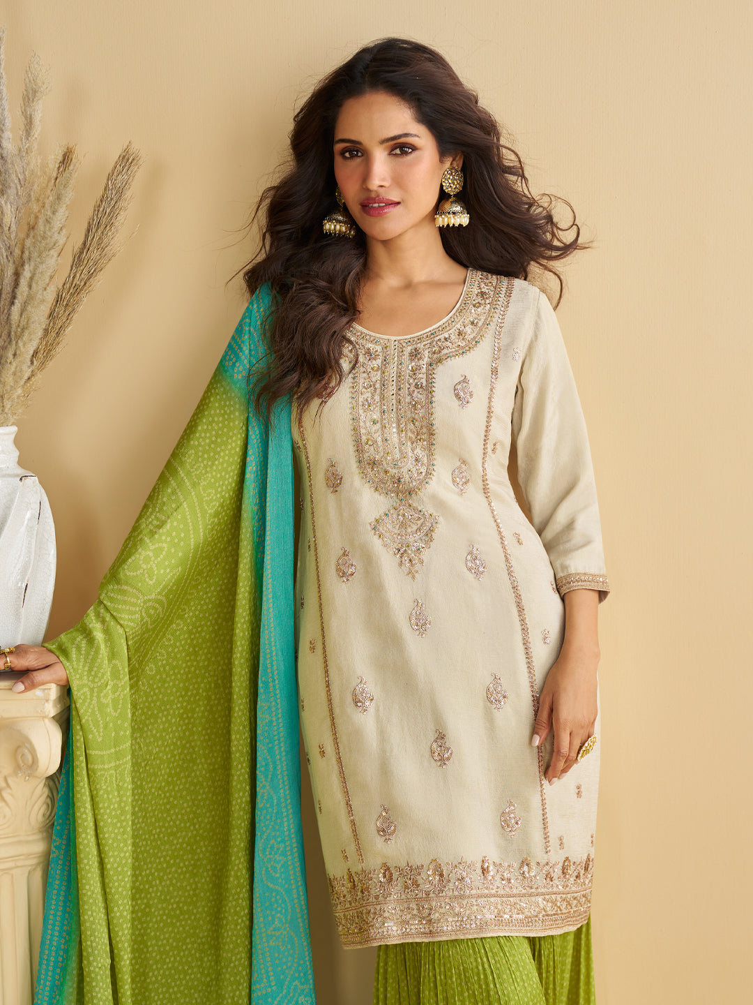 Evanik Women Off White Chinon Silk Zari Embroidered Sequins Sharara Suit | Grocsy
