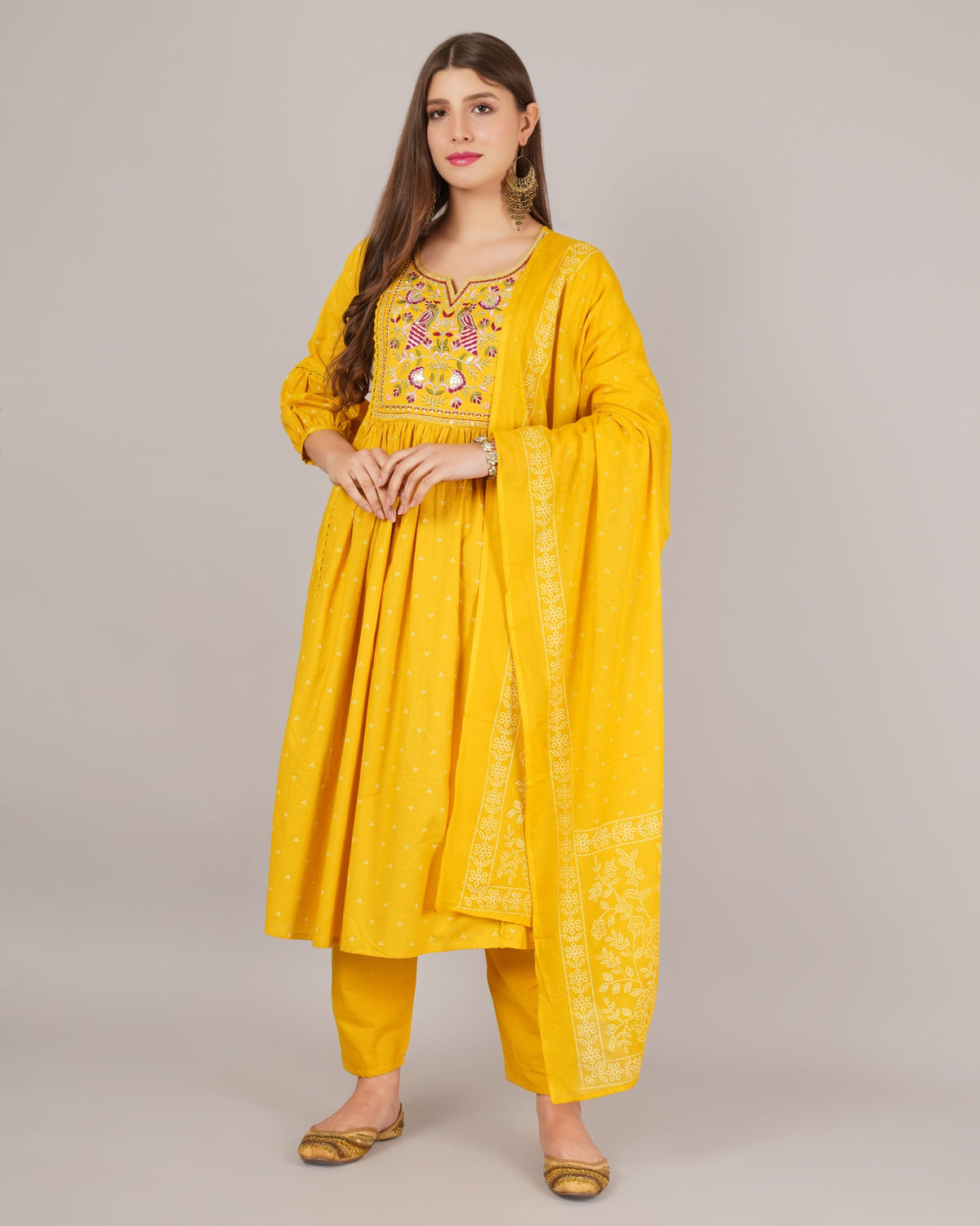 Jaitra Apparels Mustard Yellow Embroidered Pure Cotton Fabric Kurta Set With Dupatta | Grocsy