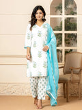 Yufta White And Sky Blue Cotton Floral Print Kurta Dupatta Set | Grocsy