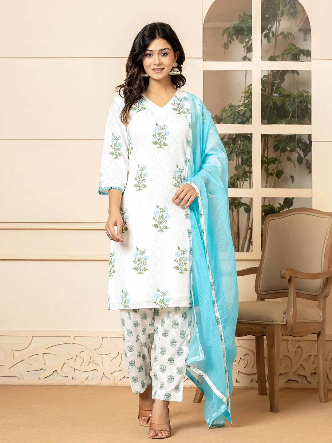 Yufta White And Sky Blue Cotton Floral Print Kurta Dupatta Set | Grocsy