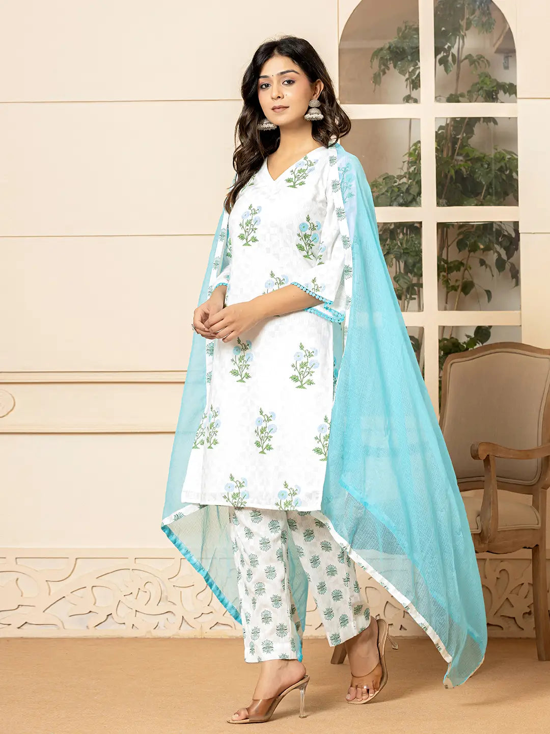 Yufta White And Sky Blue Cotton Floral Print Kurta Dupatta Set | Grocsy