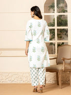 Yufta White And Sky Blue Cotton Floral Print Kurta Dupatta Set | Grocsy