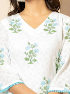 Yufta White And Sky Blue Cotton Floral Print Kurta Dupatta Set | Grocsy