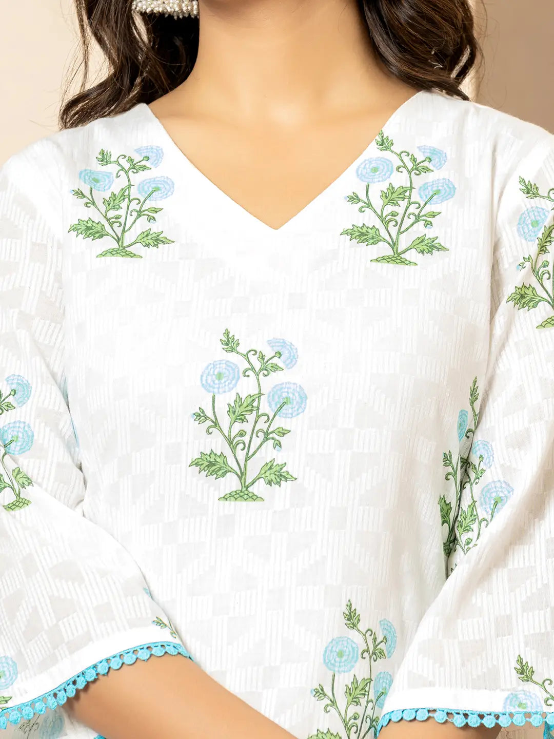 Yufta White And Sky Blue Cotton Floral Print Kurta Dupatta Set | Grocsy