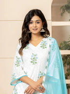Yufta White And Sky Blue Cotton Floral Print Kurta Dupatta Set | Grocsy