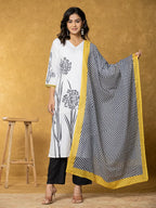 Yufta White And Black Linen Kurta Dupatta Pant Set | Grocsy