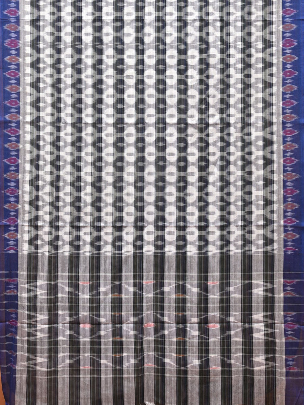 White and Black Pochampally Ikat Cotton Handloom Saree with Strips Design No Blouse - Global Threads | Grocsy