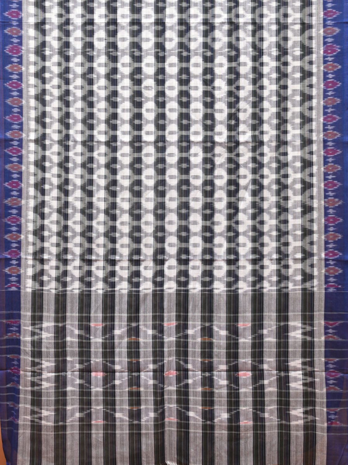 White and Black Pochampally Ikat Cotton Handloom Saree with Strips Design No Blouse - Global Threads | Grocsy