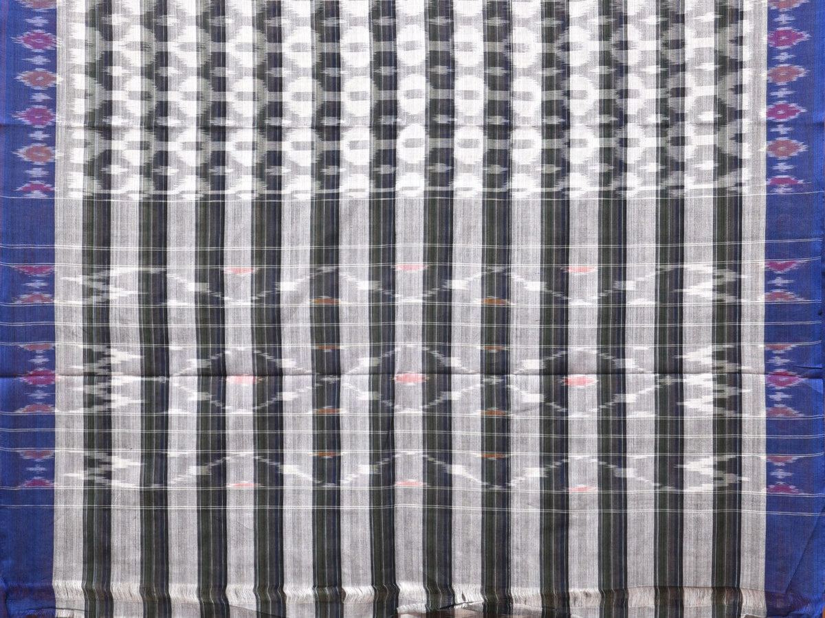 White and Black Pochampally Ikat Cotton Handloom Saree with Strips Design No Blouse - Global Threads | Grocsy