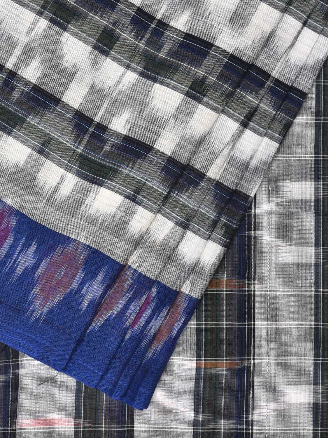 White and Black Pochampally Ikat Cotton Handloom Saree with Strips Design No Blouse - Global Threads | Grocsy