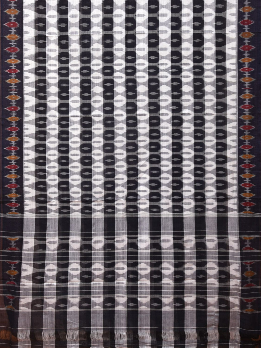 White and Black Pochampally Ikat Cotton Handloom Saree with Strips Design No Blouse - Global Threads | Grocsy