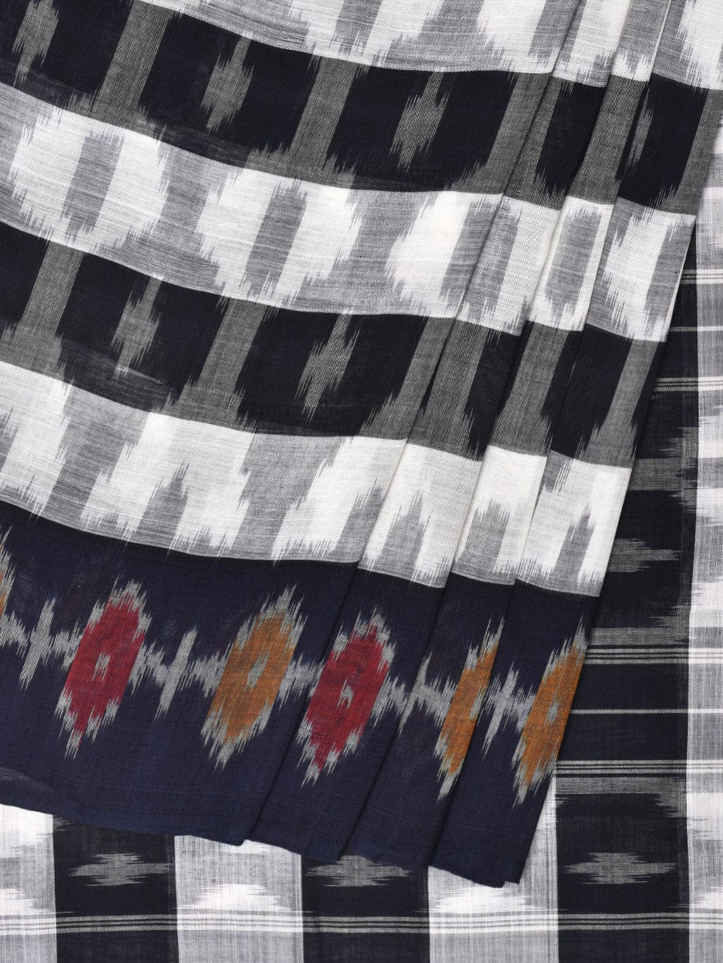 White and Black Pochampally Ikat Cotton Handloom Saree with Strips Design No Blouse - Global Threads | Grocsy