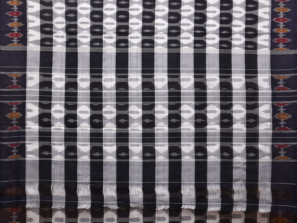 White and Black Pochampally Ikat Cotton Handloom Saree with Strips Design No Blouse - Global Threads | Grocsy