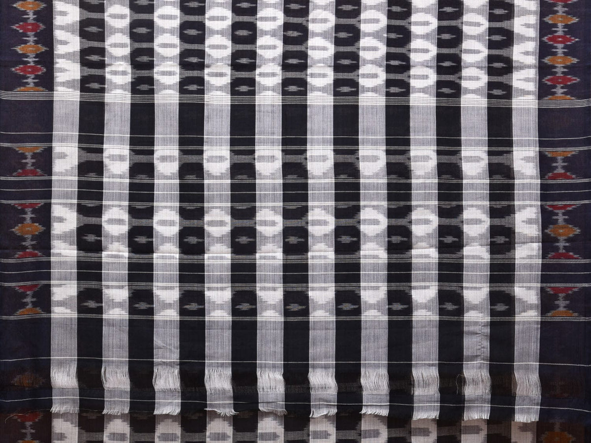 White and Black Pochampally Ikat Cotton Handloom Saree with Strips Design No Blouse - Global Threads | Grocsy