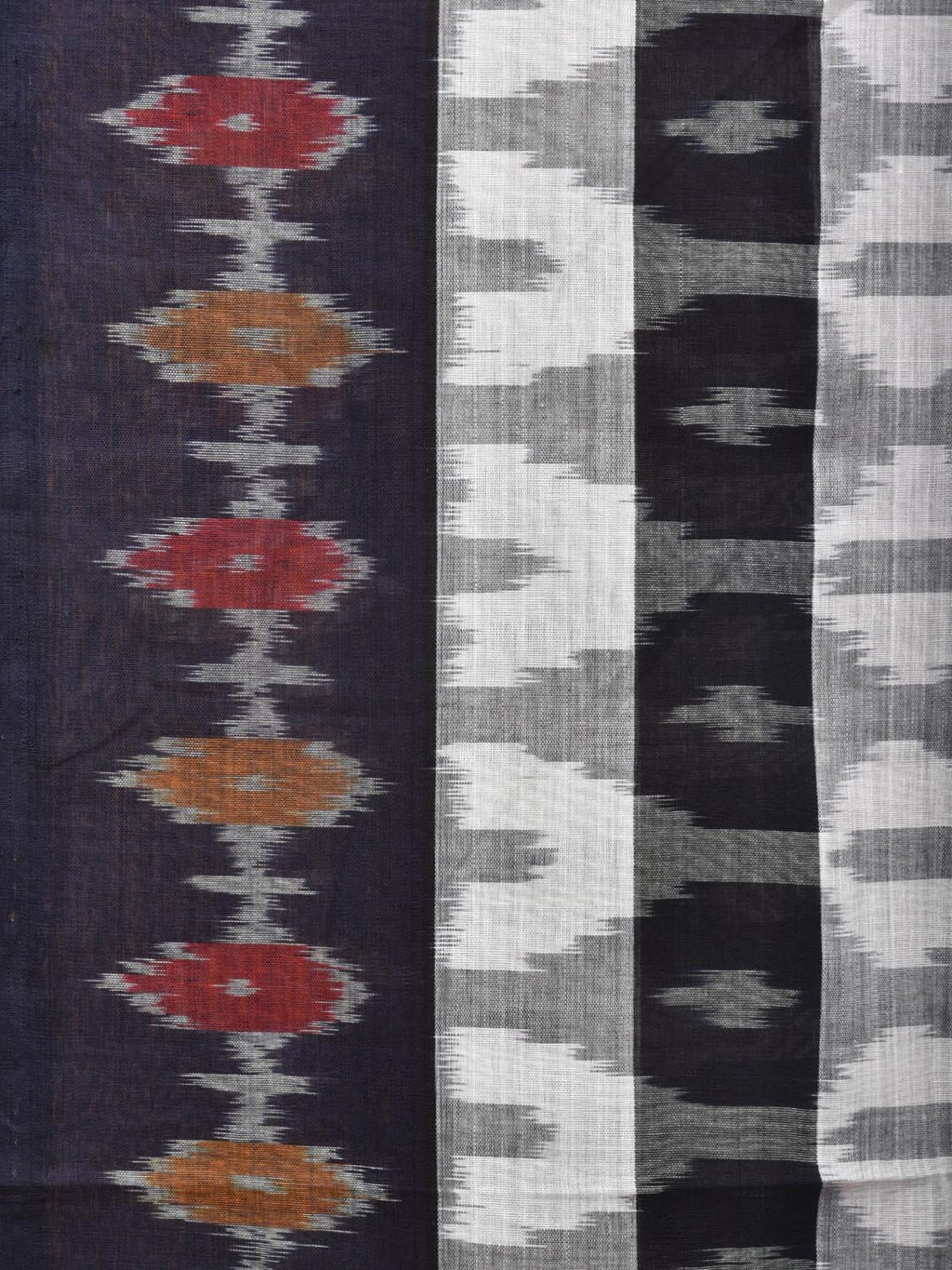 White and Black Pochampally Ikat Cotton Handloom Saree with Strips Design No Blouse - Global Threads | Grocsy
