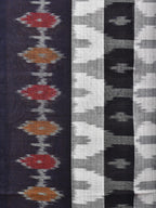 White and Black Pochampally Ikat Cotton Handloom Saree with Strips Design No Blouse - Global Threads | Grocsy