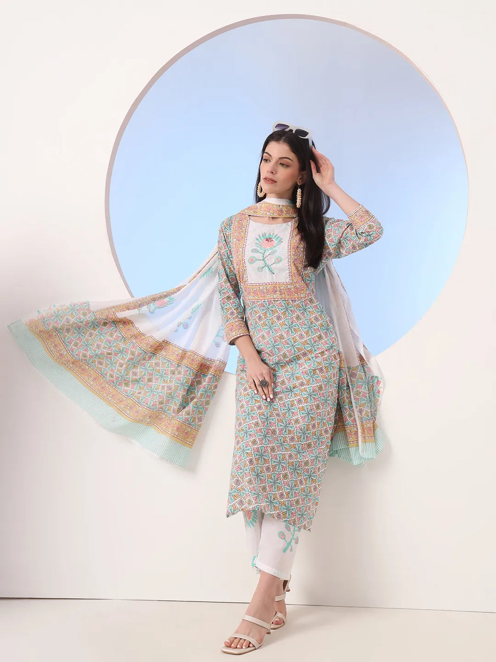 Yufta White And Blue Cotton Straight Kurta Pant Dupatta Set | Grocsy